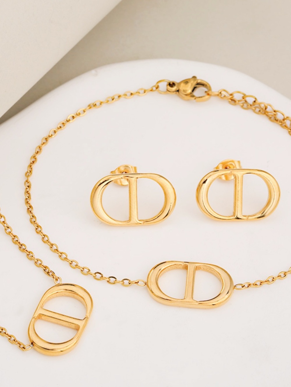 Designer Inspired Gold CD Jewelry Set - Necklace, Bracelet & Earrings